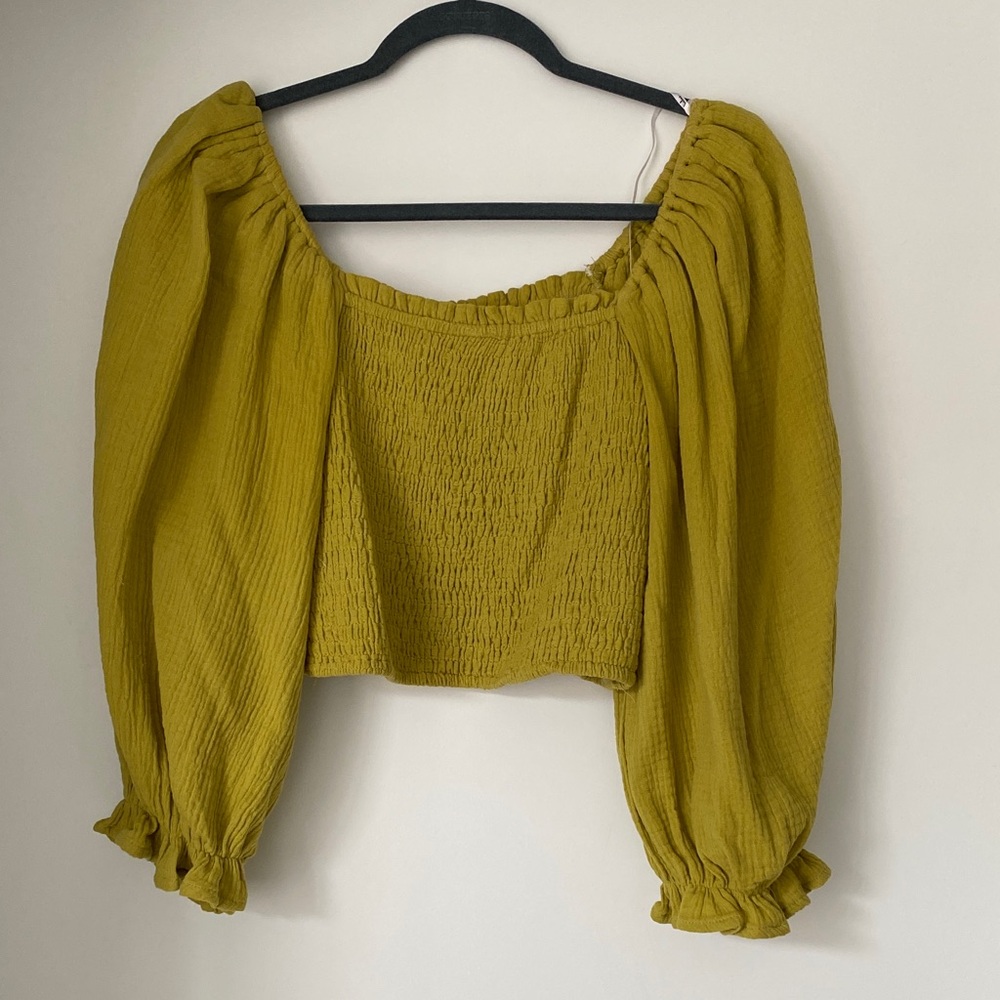 Olive Green Smocked Puff Sleeve Crop Top